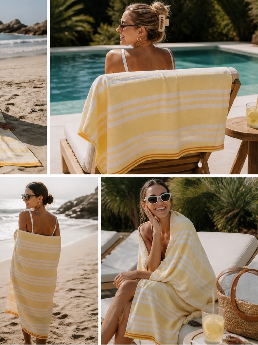 Yellow Striped Turkish Sand Resistant Extra Long Beach Pool Towel, 100% cotton